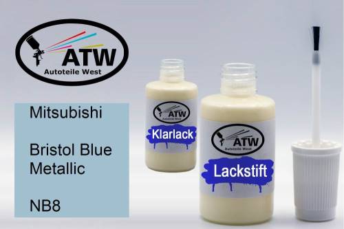 Mitsubishi, Bristol Blue Metallic, NB8: 20ml Lackstift + 20ml Klarlack - Set, von ATW Autoteile West.